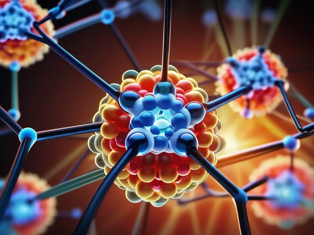 Importancia de la Química Orgánica: Estructura química detallada, colores vibrantes y detalles moleculares revelan su belleza y complejidad