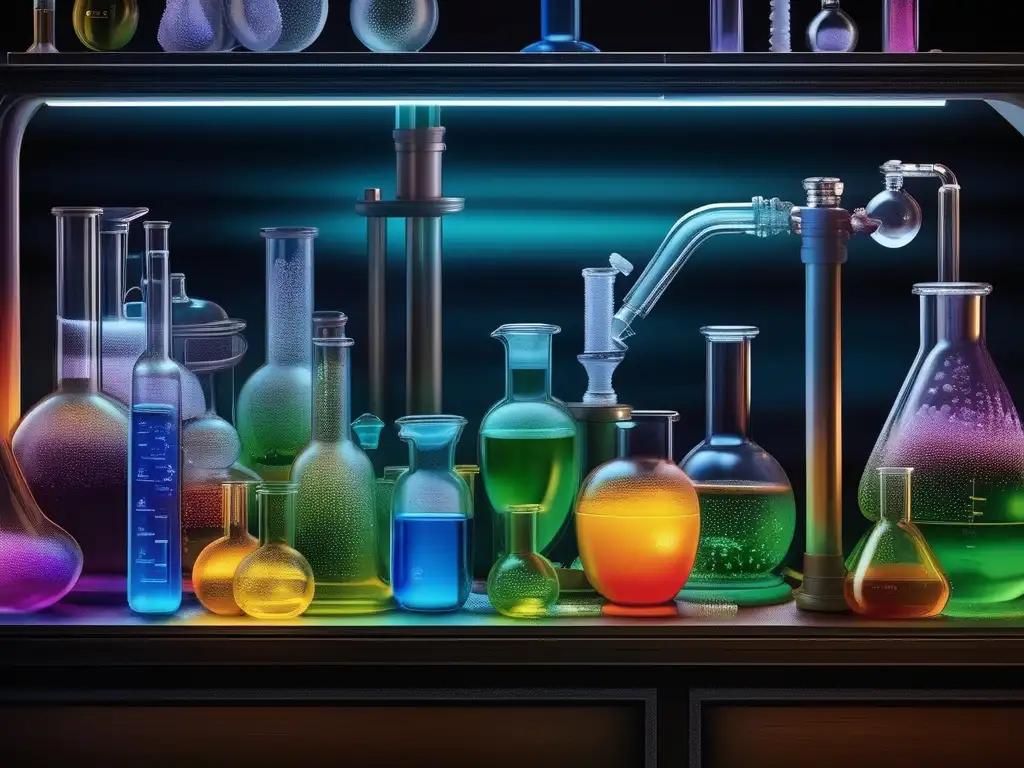 Detallada imagen de laboratorio de química con cristalería, soluciones coloridas y químicos trabajando