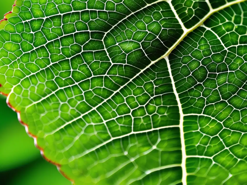 Hoja verde con detalles intrincados, venas, cloroplastos, fotosíntesis y gotas de rocío