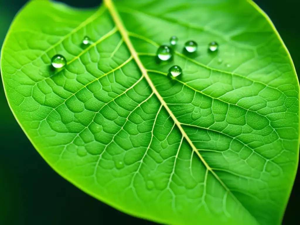 Impacto químico del cambio climático: Hoja verde con redes de venas, agua reflejando el entorno, fotosíntesis y conexión vital con la naturaleza