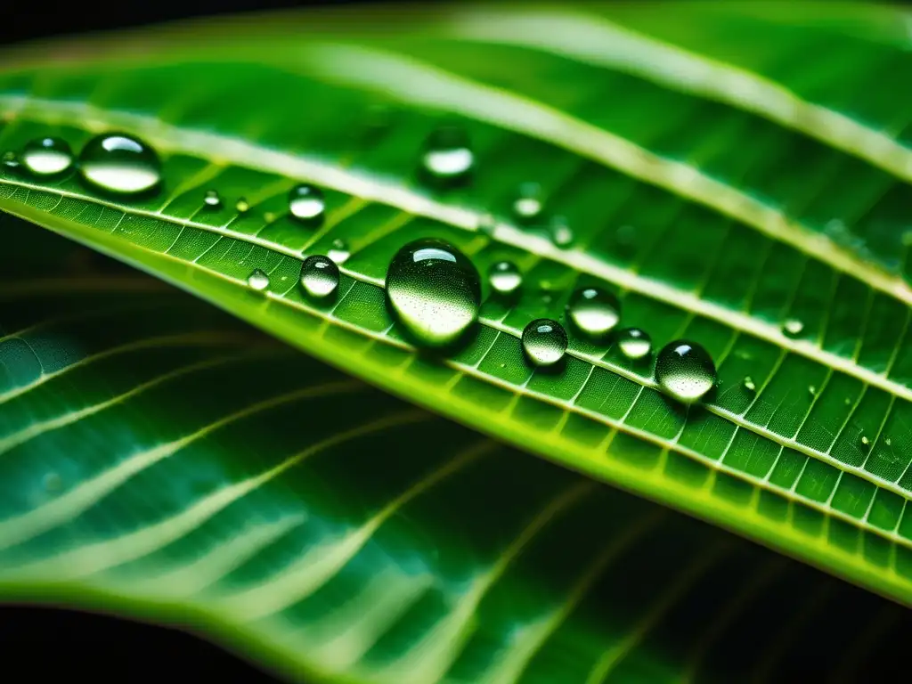 Hoja verde con detalles estructurales, venas visibles y gotas de agua, simbolizando descubrimientos química verde revolucionarios