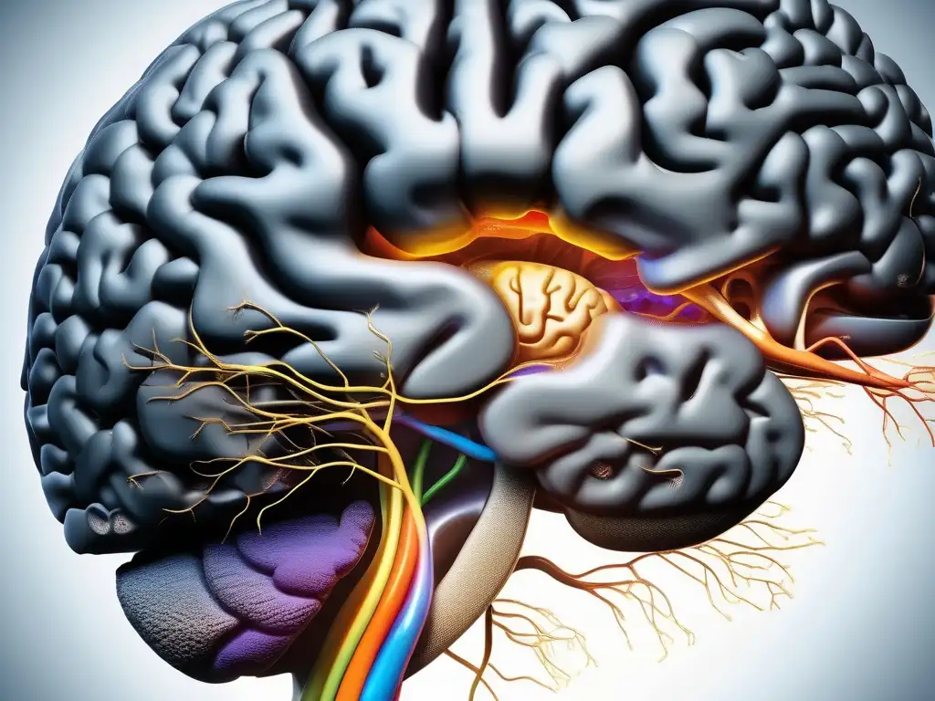 Fotorealista imagen macro del cerebro humano con detalles intrincados, resaltando las conexiones y vías neurales asociadas a las emociones