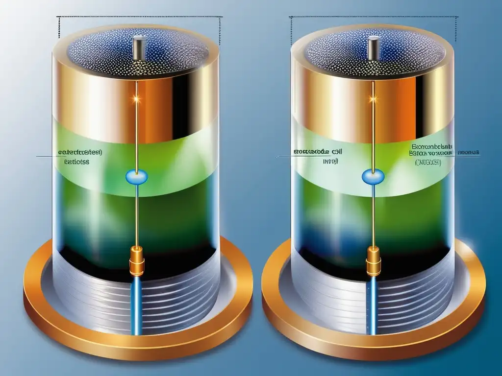 Procesos fundamentales de la electroquímica en una celda electroquímica con electrodos, líquido y reacciones