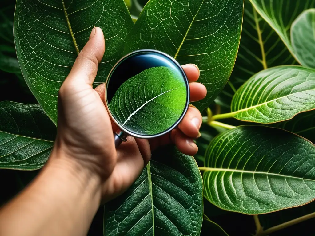 Imagen de mano sosteniendo lupa revela detalles químicos de hoja verde, destacando impacto procesos químicos modernos vida diaria