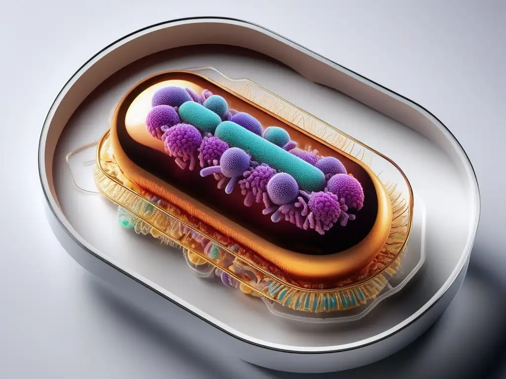 Importancia química de los probióticos: cápsula abierta con bacterias vibrantes