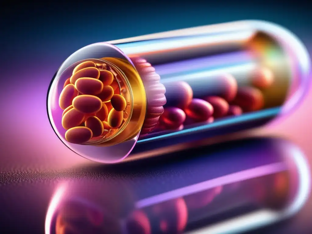 Importancia química de los probióticos: cápsula detallada en macro, colores vibrantes y textura suave