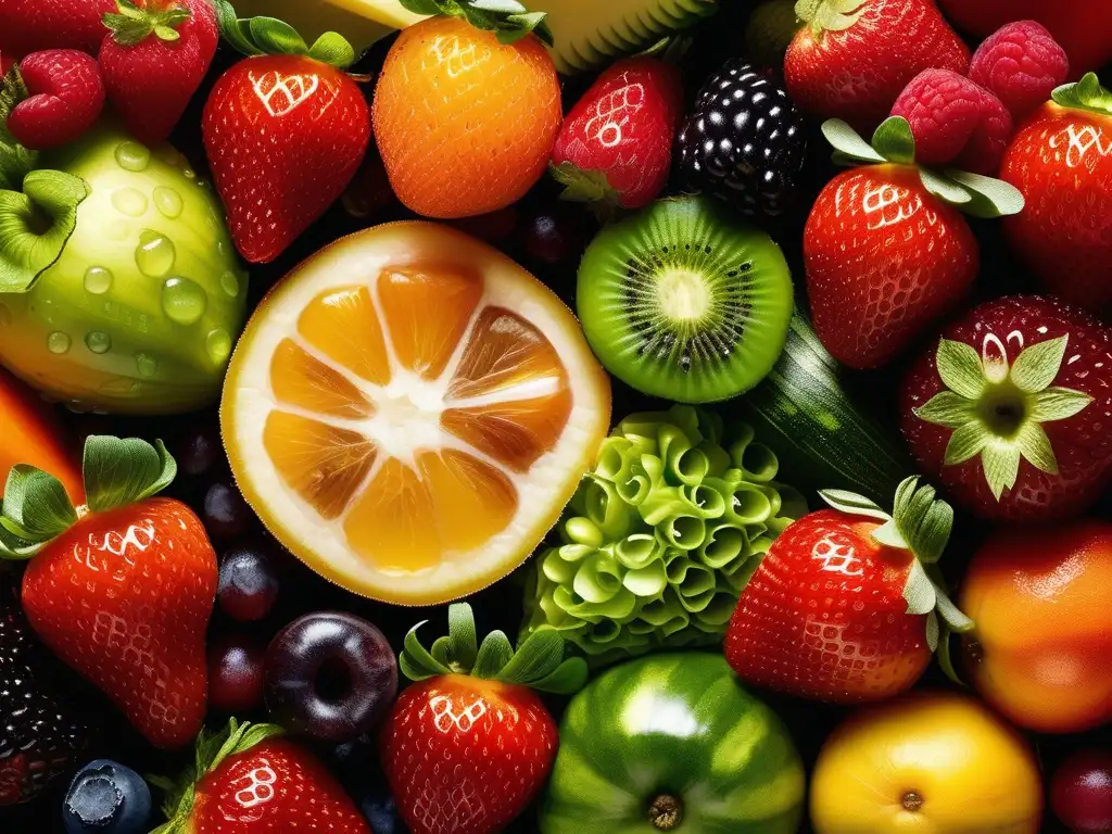 Importancia química en dieta: frutas y verduras vívidas, texturas, colores, detalles microscópicos, iluminación natural