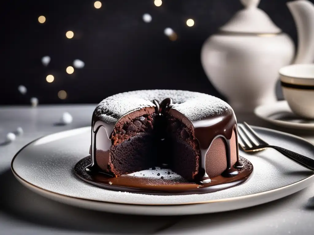 Delicioso pastel de lava de chocolate con aspecto impecable y detallado, cubierto de azúcar en polvo y salsa de frambuesa