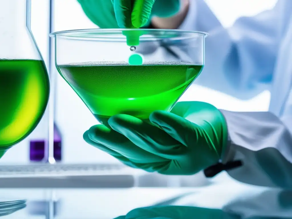 Casos prácticos de sustentabilidad en la industria química: técnico con guantes y beaker de solución verde