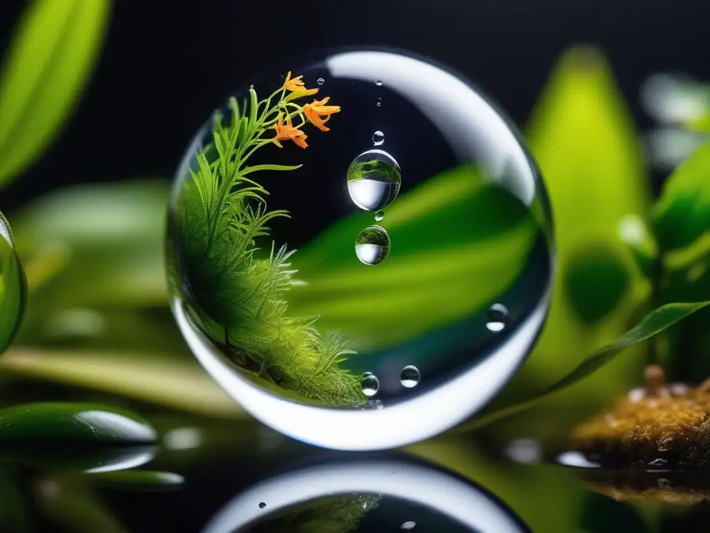 Macro imagen de una gota de agua en un ecosistema acuático vibrante, resaltando el tratamiento de aguas contaminadas con química