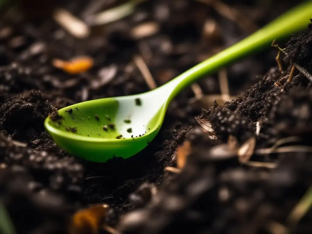 Imagen: Impacto ambiental de los bioplásticos - Cuchara biodegradable en compost verde