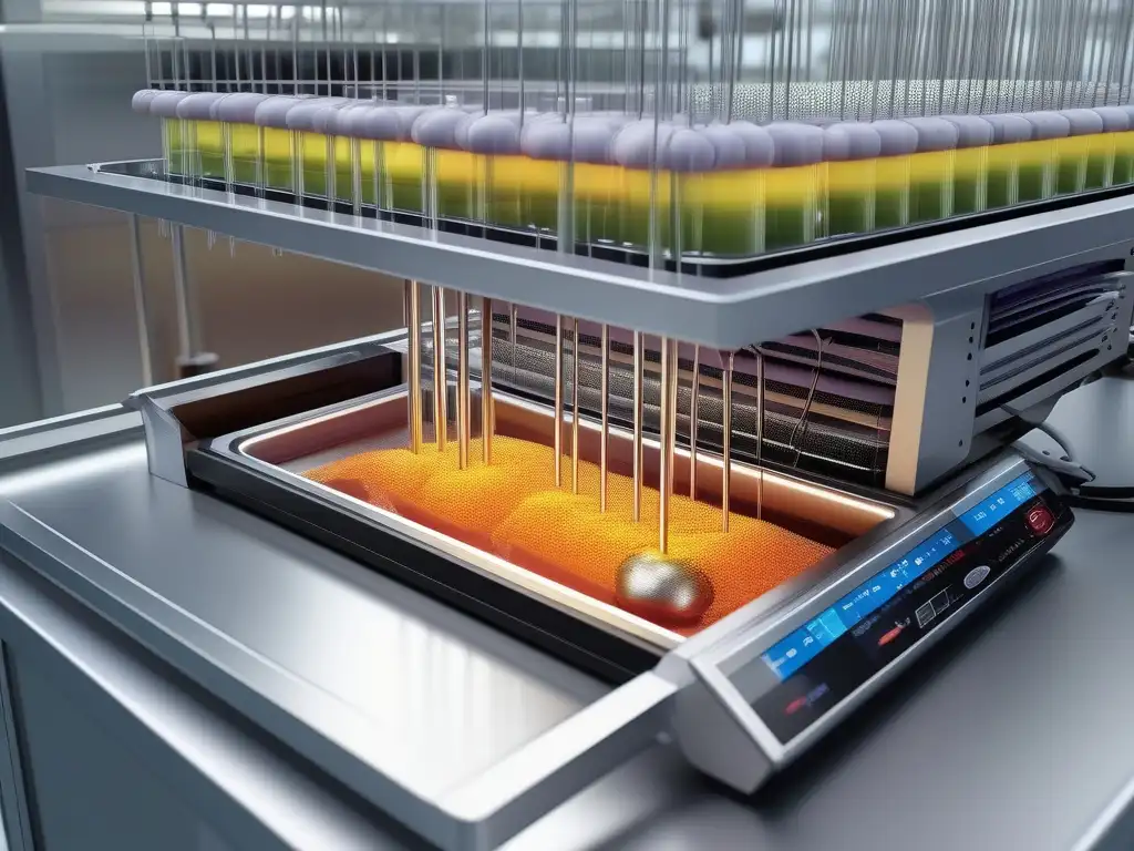 Electroquímica en producción de alimentos: célula electroquímica detallada en la industria alimentaria, con componentes, procesos y reacciones electrolíticas