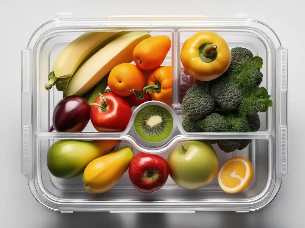 Envase plástico transparente con frutas y verduras frescas - Impacto del plástico en alimentos: sustancias químicas dañinas