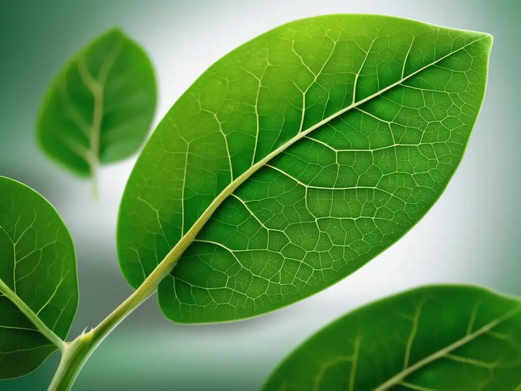 Importancia de las enzimas en la industria verde: imagen macro de una hoja verde vibrante con venas detalladas y gotas de rocío