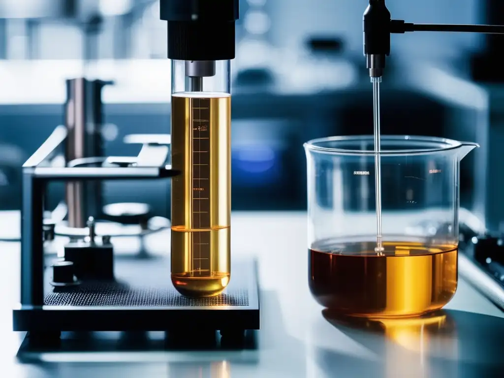 Espectroscopia de impedancia en química: laboratorio sofisticado con electrodos y analizador capturando propiedades eléctricas en una muestra líquida