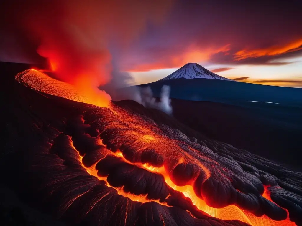 Erupción volcánica con lava fundida y relación fenómenos naturales ácidos bases