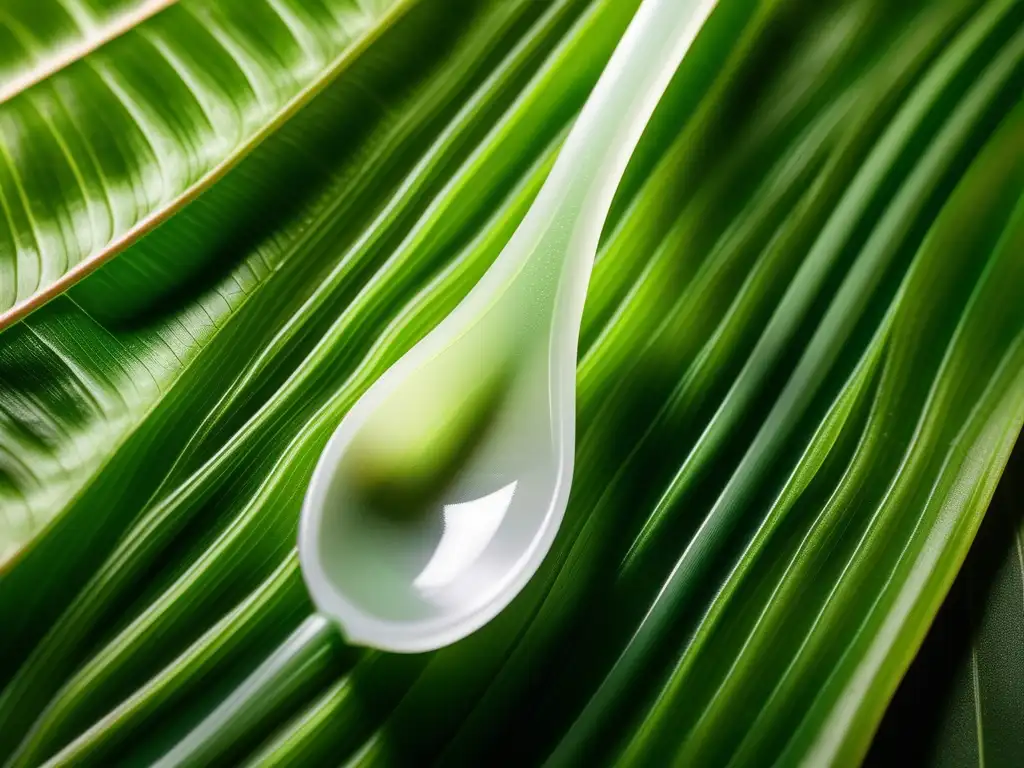 Cuchara de plástico biodegradable sobre hoja verde - Química verde: Impacto y procesos