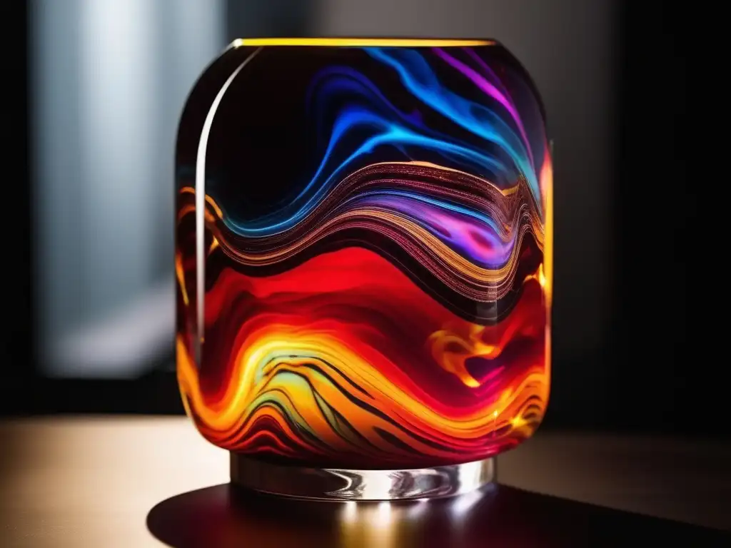 La lámpara de lava casera muestra una fascinante combinación de colores y movimiento, con líquido violeta y cera en tonos rojo, naranja y amarillo