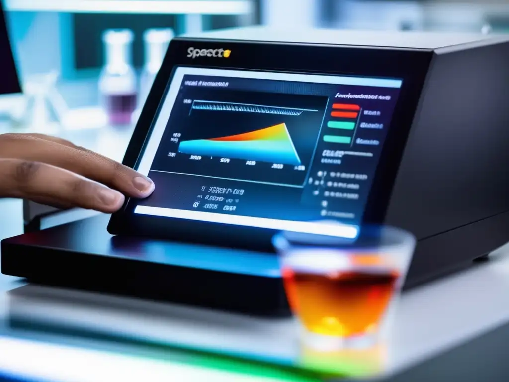 Un espectrofotómetro de alta tecnología en un laboratorio, con gráfica espectral y ajustes de un técnico