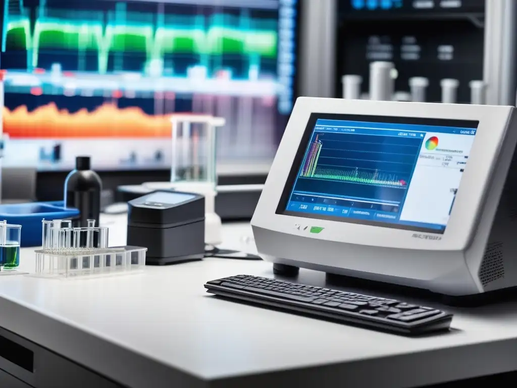 Espectroscopia química: Detalle de un espectrofotómetro con gráfico de absorción y muestra líquida