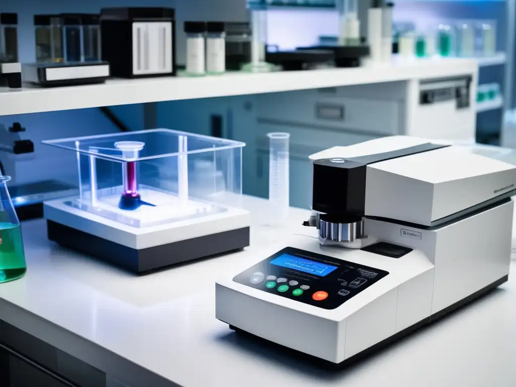 Espectroscopia en la química moderna: Laboratorio con espectrofotómetro, vidriería y tecnología avanzada