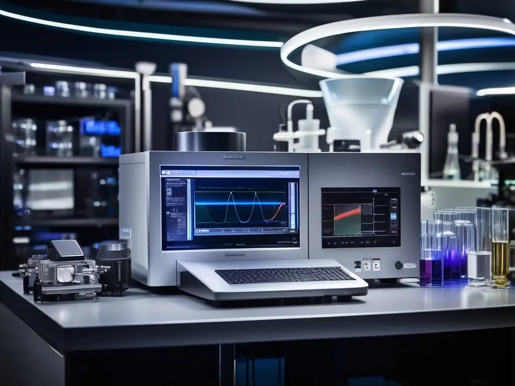 Avances en Espectroscopia Química Analítica: Espectrómetro de alta tecnología rodeado de instrumentos científicos y vidriería