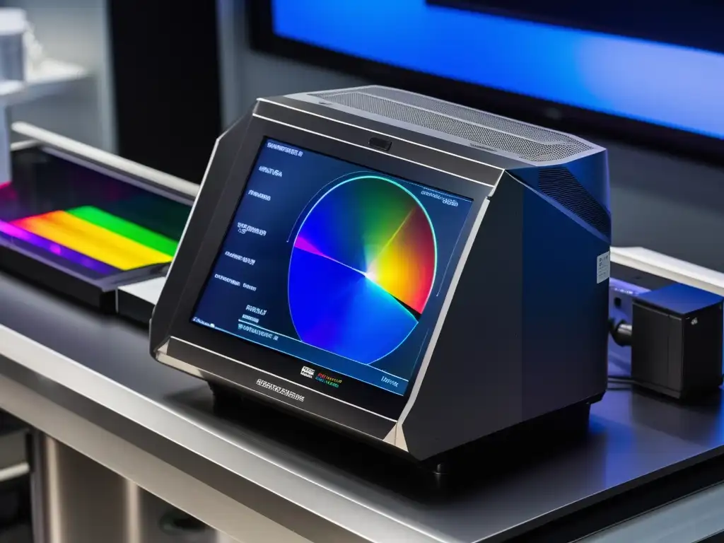 Espectrómetro moderno en laboratorio con pantalla digital y espectro colorido - Importancia de la Espectroscopia en la Química Analítica