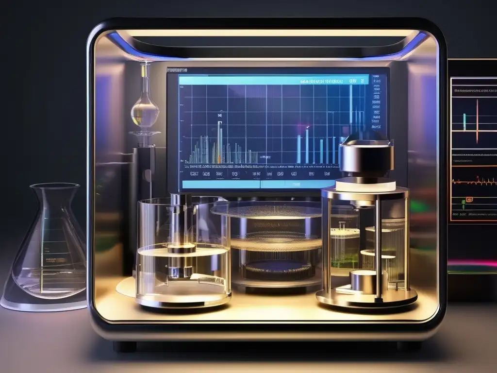 Espectroscopia Reflectancia Difracta Química Analítica: Detalle preciso de instrumento científico en mesa rodeado de vidriería y reactivos químicos