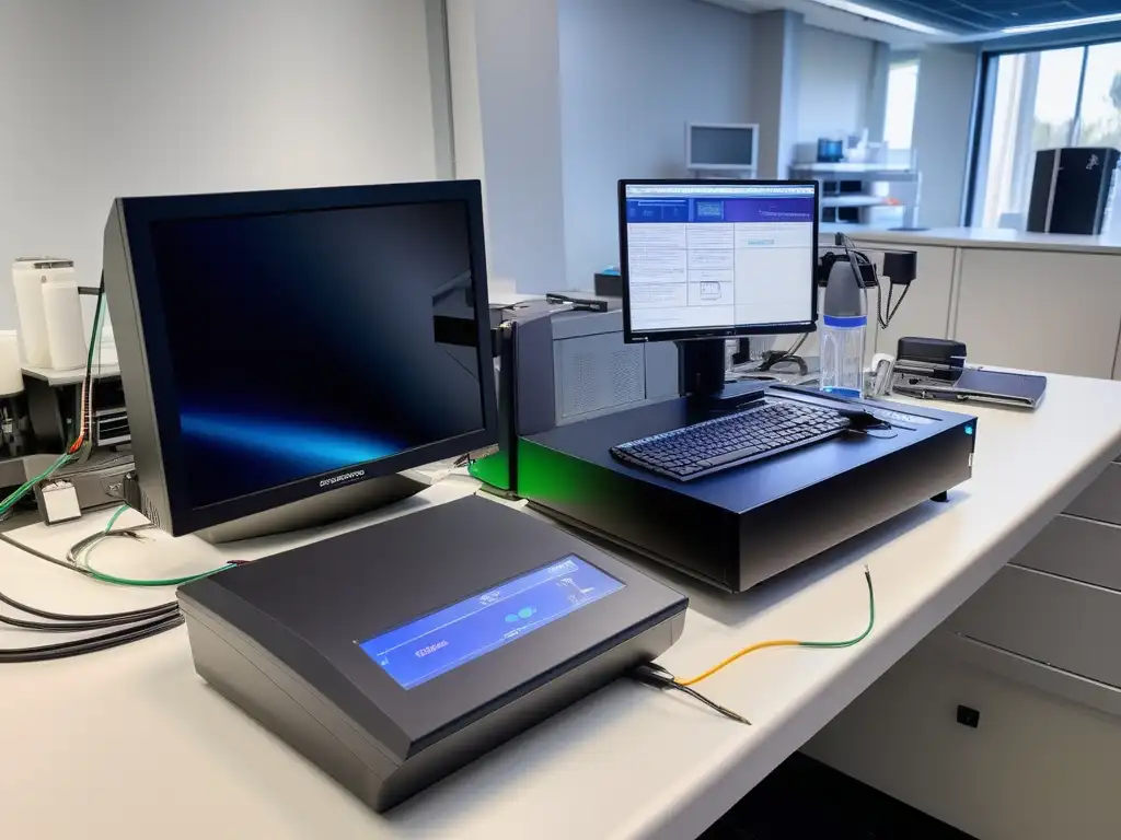 Espectroscopia de fotones en química: equipo detallado con espectrómetro, cable de fibra óptica, cuvette de vidrio y fluorescencia vibrante