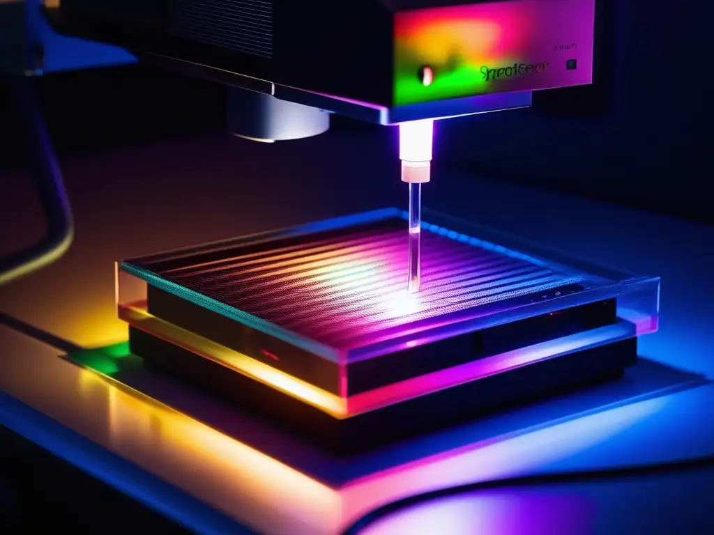 Espectroscopia: Interacción luz-materia en espectrofotómetro, cuvette con solución colorida y detalles instrumento