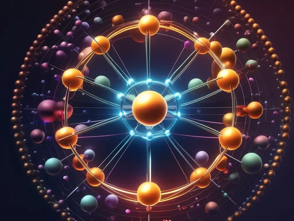 Impacto teoría atómica: Estructura detallada y colorida de un átomo, resaltando núcleo, electrones y subpartículas