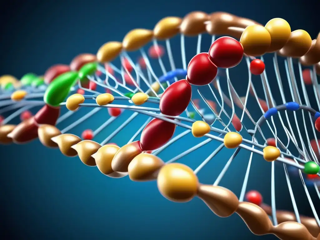 Importancia de la estructura de los ácidos nucleicos en medicina: imagen macro realista del ADN, resaltando su disposición, base y colorido