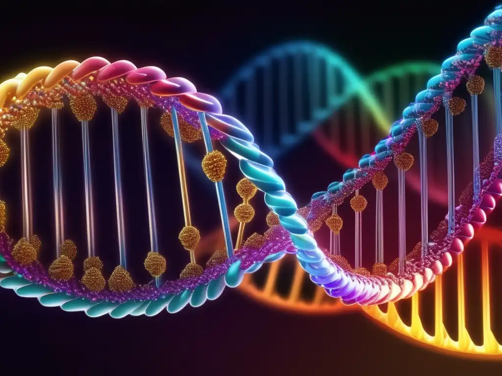 Impacto de ácidos nucleicos en fármacos: estructura de doble hélice de ADN, detalles intrincados y vibrantes colores de bases