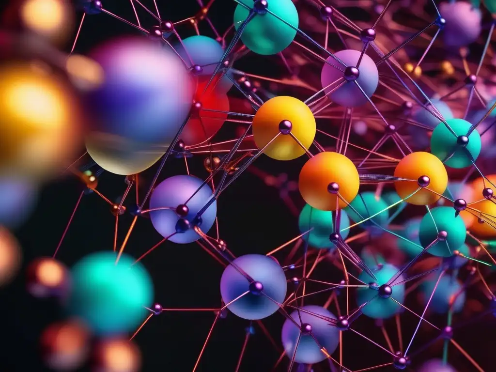 Estructura química vibrante y simétrica con átomos coloridos, representando la diversidad de elementos en química orgánica