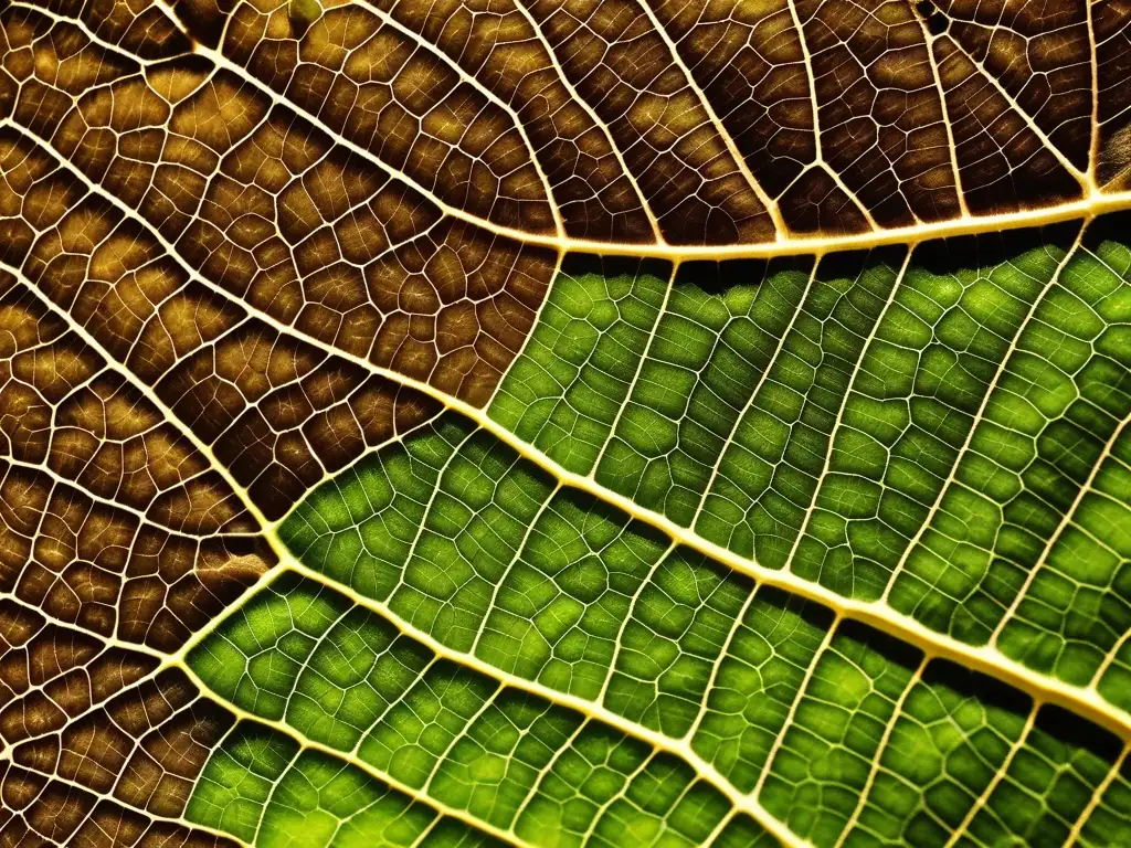 Detalle bioinspirado de hoja: venas, células y textura; fuente de inspiración para materiales bioinspirados en petroquímica