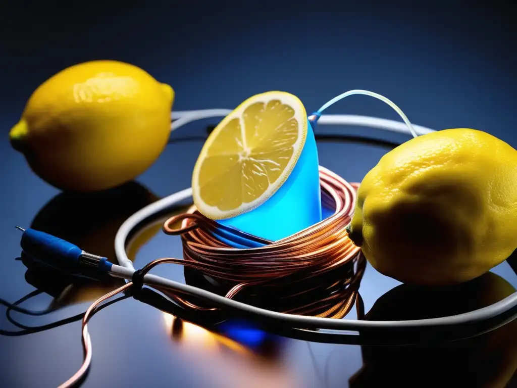 Experimento químico casero con limones: imagen macro realista de lemons cortados con electrodos de cobre y zinc, generando electricidad