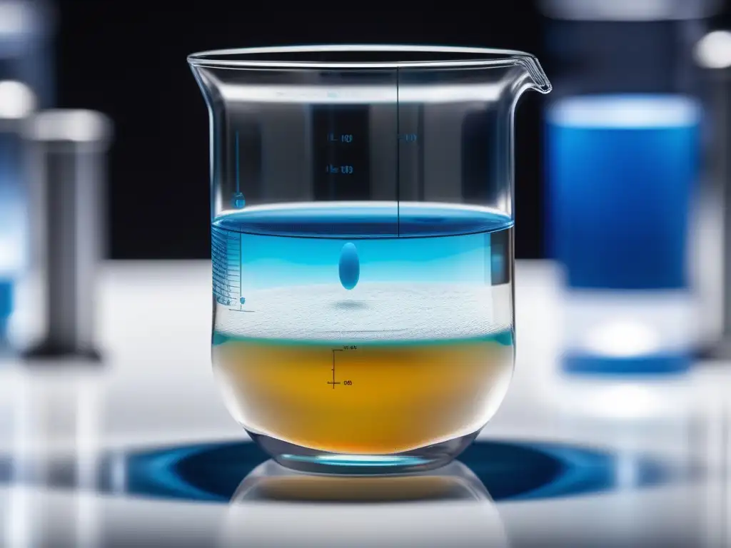 Experimento de osmosis con huevo de goma en beaker translúcido y solución azul