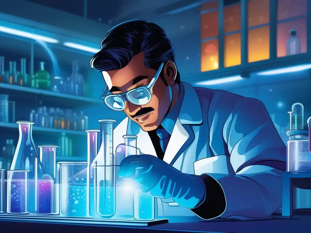 Escena de laboratorio, científico observando reacción química con elementos y nomenclatura de elementos químicos