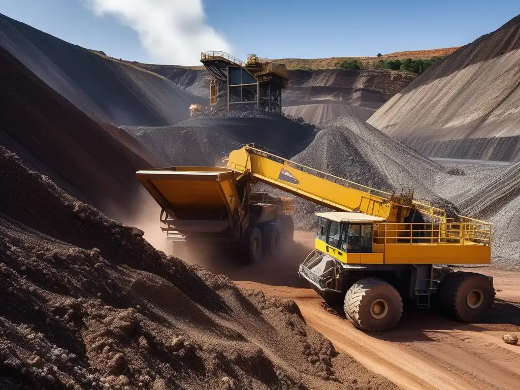 Descubrimiento del aluminio en química: extracción minera de mineral de aluminio con maquinaria en terreno rocoso