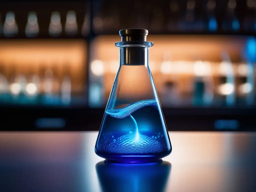 Técnicas innovadoras industria química: Flasco de laboratorio con líquido azul brillante y burbujas