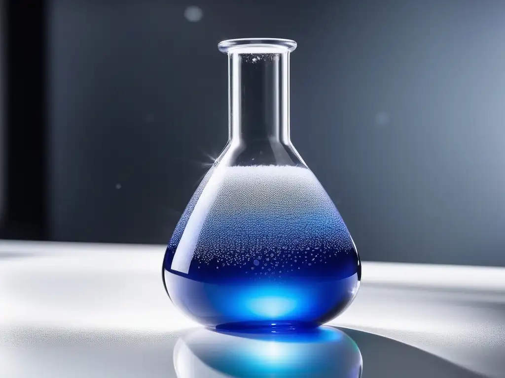 Oportunidades laborales química petroquímica: Frasco de laboratorio con líquido azul vibrante, burbujeante y detallado