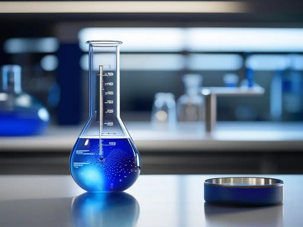 Impacto de la química orgánica en la sociedad: Detalle asombroso de un matraz con líquido azul vibrante y patrones intrincados