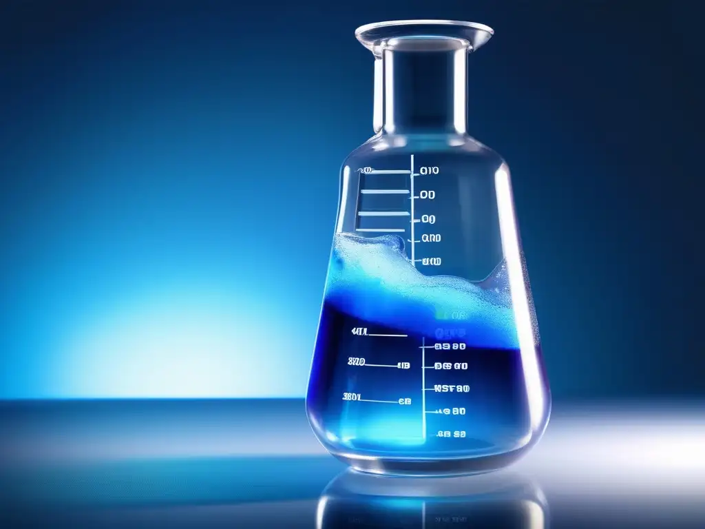 Impacto de la química moderna en un frasco con líquido azul vibrante, burbujas y detalles luminosos