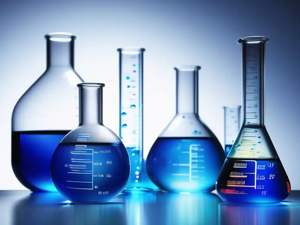 Oportunidades en química y petroquímica: frasco de laboratorio con líquido azul vibrante, burbujas y partículas suspendidas