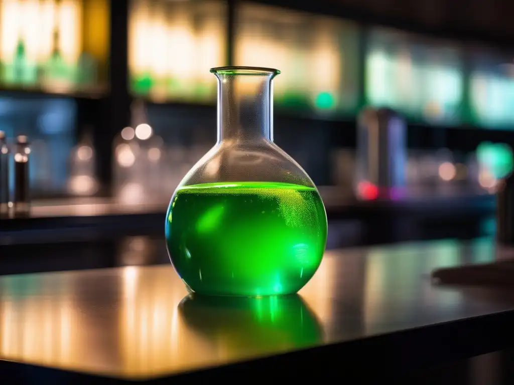 Descubrimientos en química orgánica en un laboratorio: líquido verde burbujeante, utensilios de precisión y experimentación meticulosa