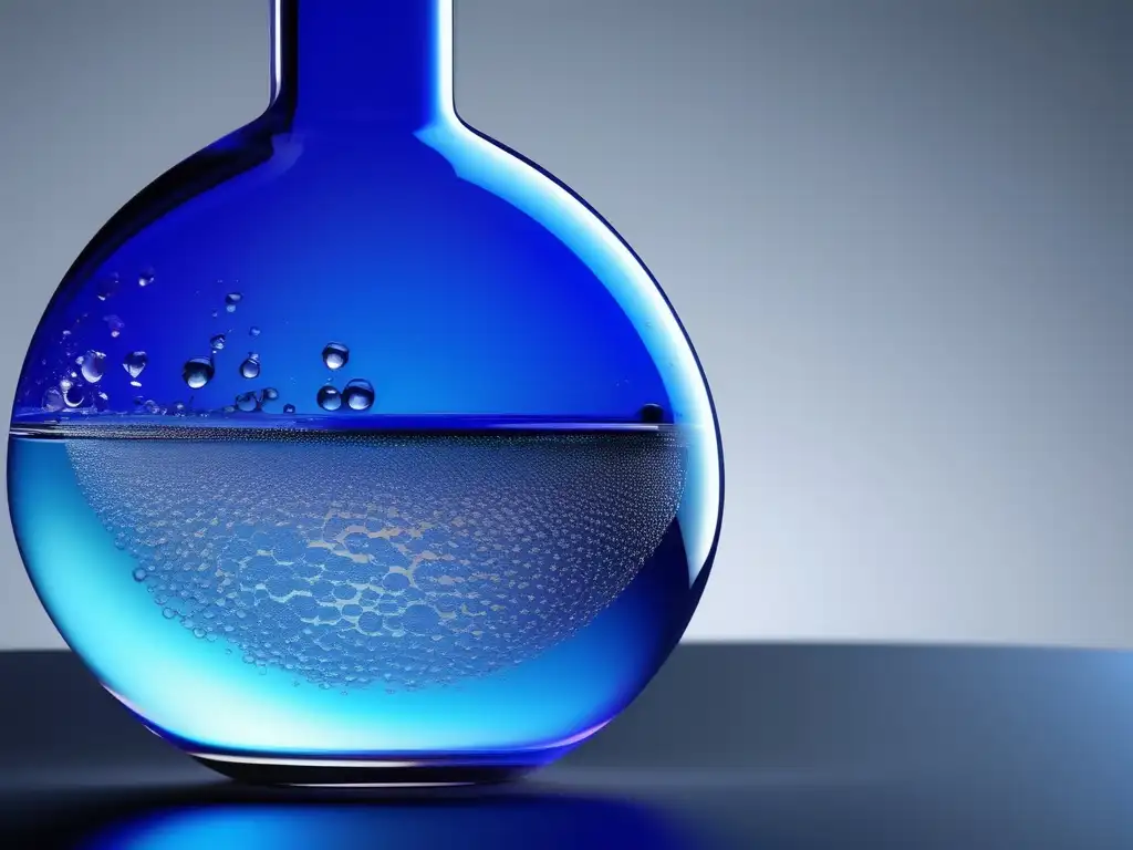 Impacto evolución industrial química: Frasco de laboratorio con líquido azul, burbujas y stopper