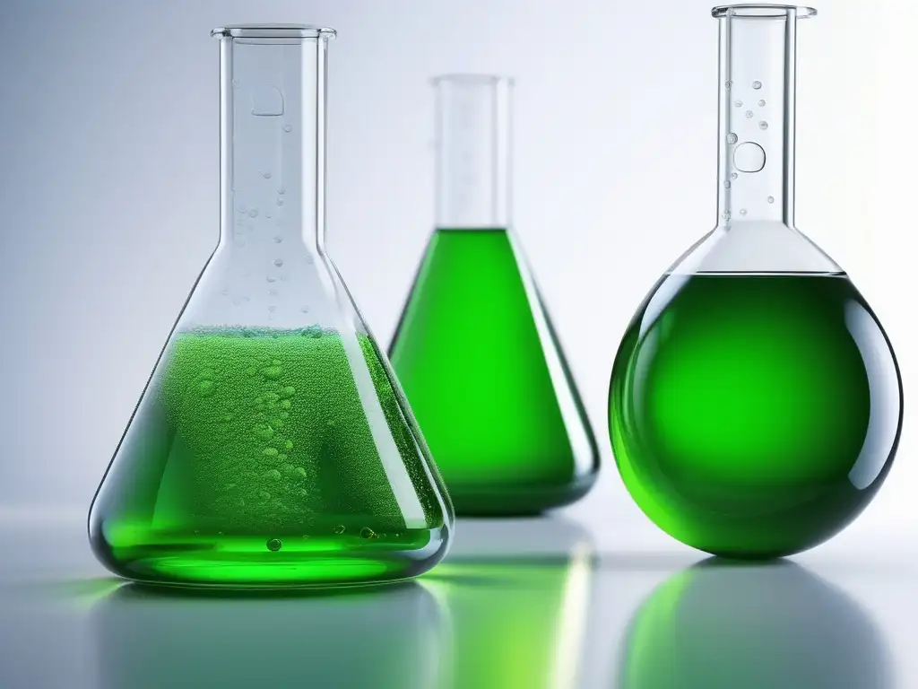 Innovaciones en química verde petroquímica: Frasco de laboratorio con líquido verde vibrante, reacción bubbling y partículas suspendidas