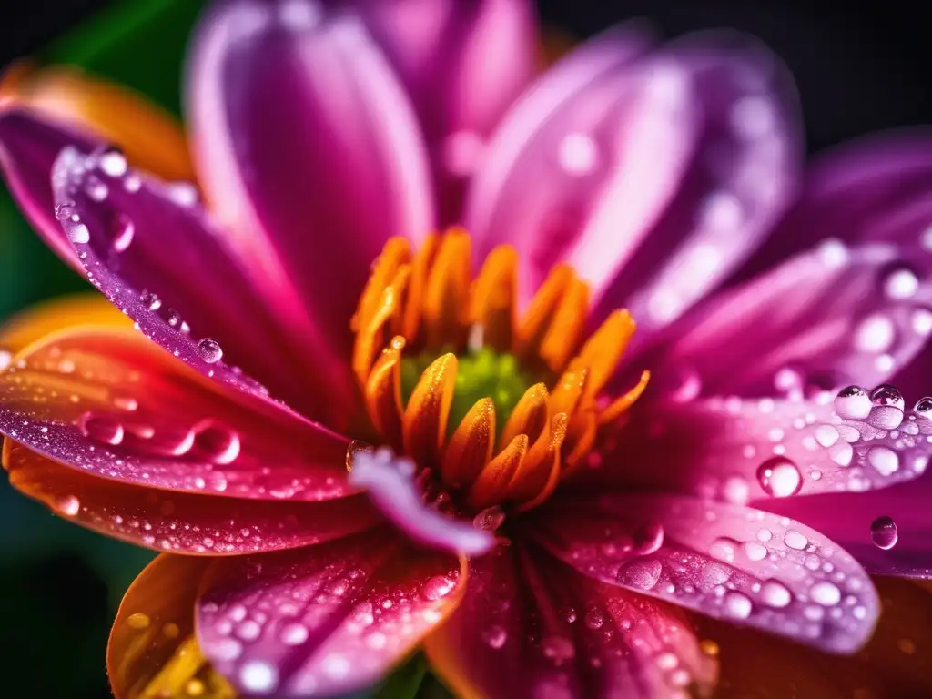 Importancia de la química orgánica en cosméticos: Detalle de una flor vibrante y colorida, con gotas de agua brillando en sus pétalos