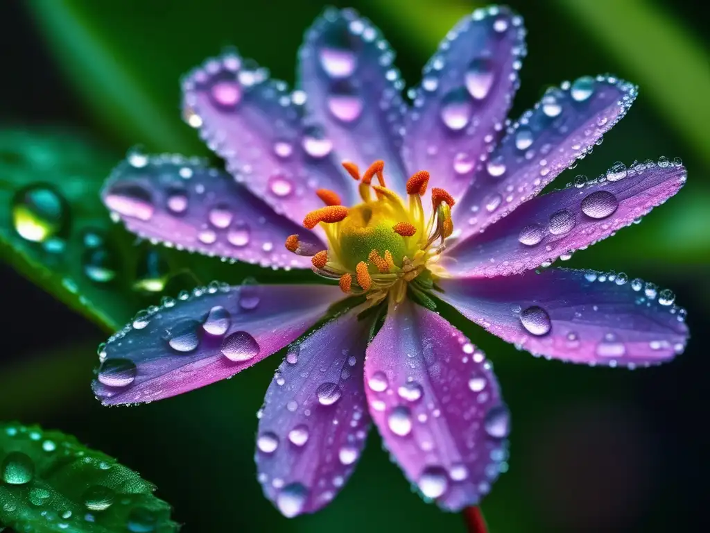 Flor silvestre con gotas de rocío, destacando la importancia de la Química Atmosférica en la vida silvestre