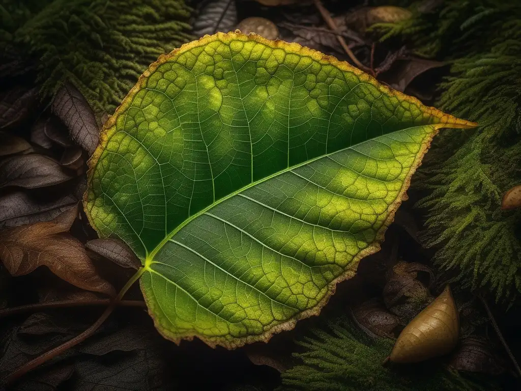 Hoja verde en descomposición en el suelo del bosque, resalta ventajas y desventajas de polímeros biodegradables